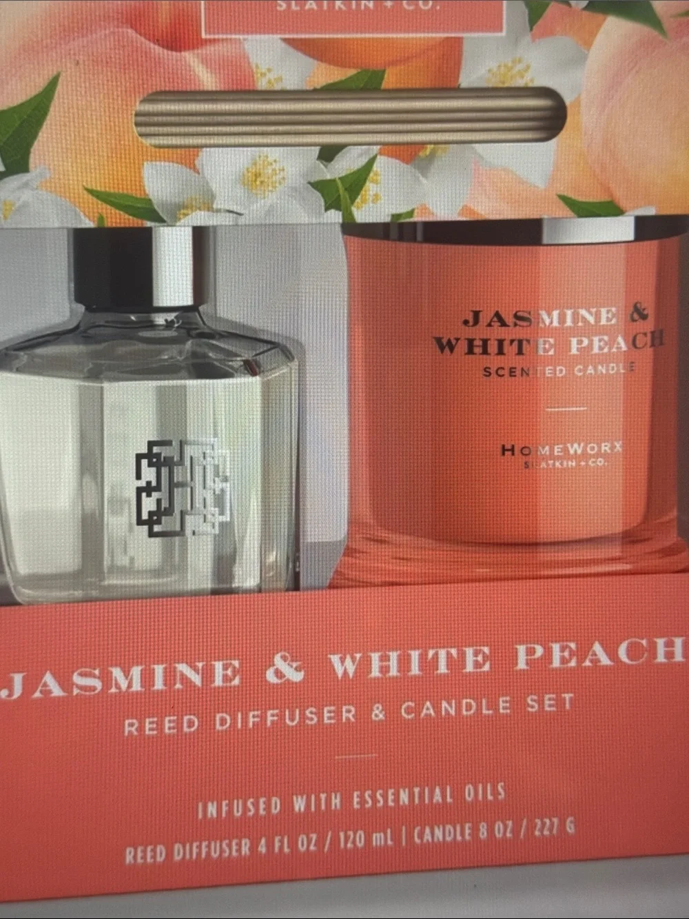 HomeWorx Jasmine & White Peach Reed Diffuser and Candle Set